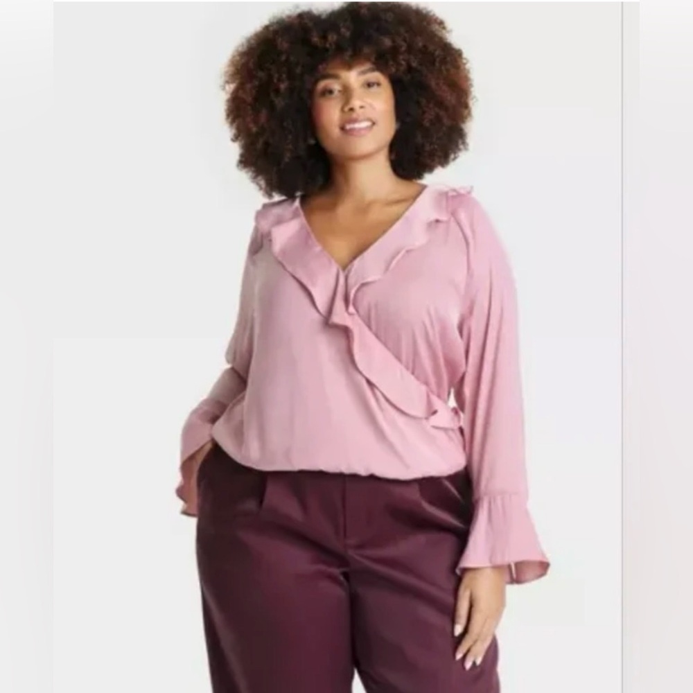 Size XL A New Day Women's Flounce Long Sleeve V-Neck Ruffle Wrap Blouse